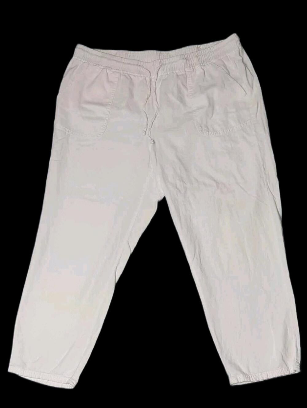 Sunday Linen Blend Pants Womens Size 1XL White Elastic Waist Pockets Flowy Boho